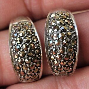 Vintage 925 sterling silver marcasite studded hoop earrings